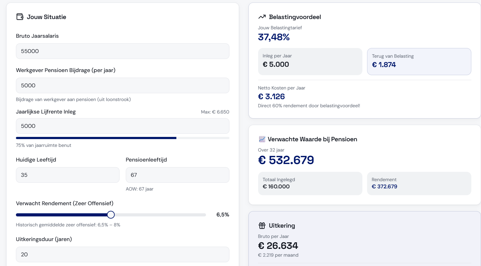 Pensioenberekeningstool in MijnVermogen met invoervelden voor bruto jaarsalaris, lijfrente-inleg en pensioenleeftijd, plus berekening van belastingvoordeel van 1.874 euro op een inleg van 5.000 euro